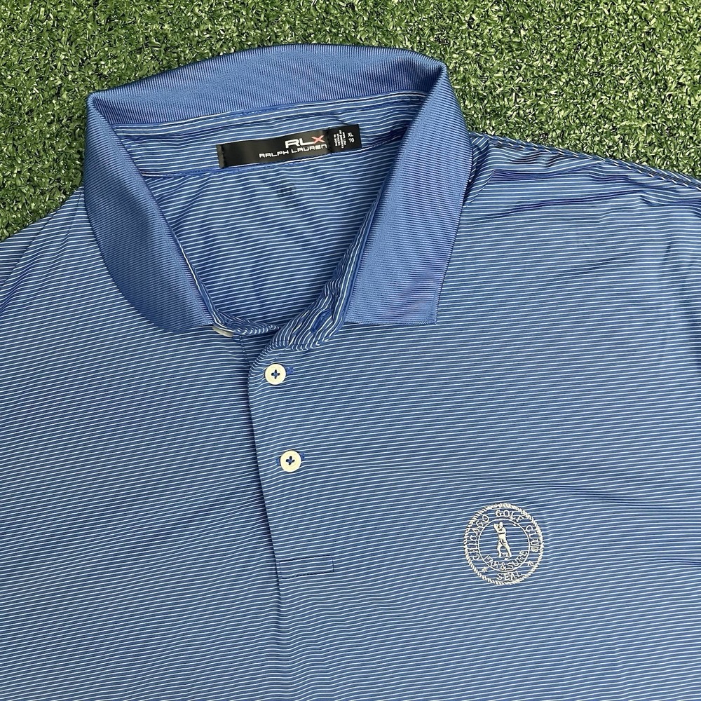 RLX Ralph Lauren Mens Blue White Striped Chicago Golf Club Polo Shirt Size XL